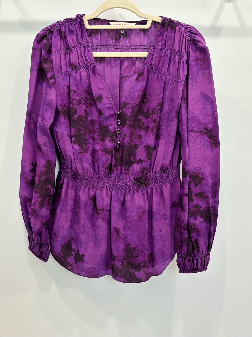 Rebecca Taylor Purple Tie-Dye Smocked Waist V-Neck Blouse